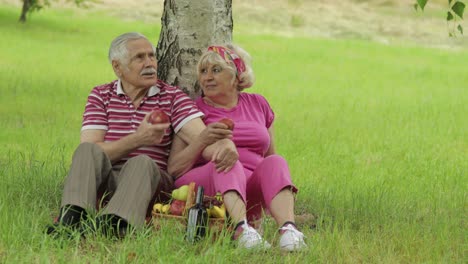 Family-weekend-picnic-in-park.-Active-senior-old-caucasian-couple-sit-on-blanket-and-eating-fruits