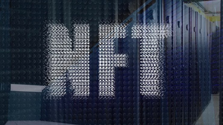 Animazione di testo NFT, elaborazione dati finanziari su server di computer