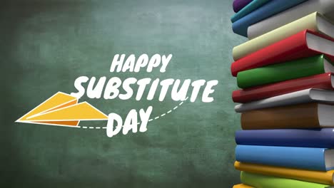 animation of happy substitute day text over books on green background