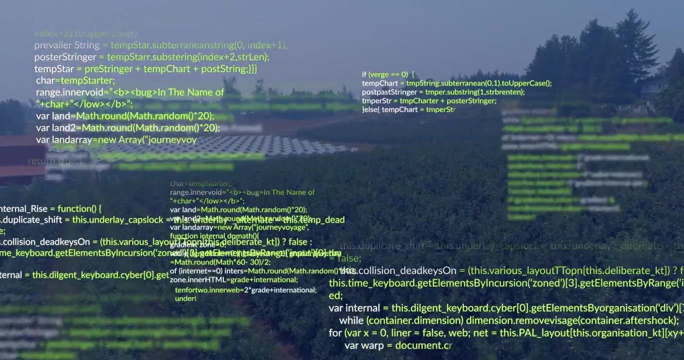 Farmland receiving data stream, displaying code overlays growing over rows showing crop health