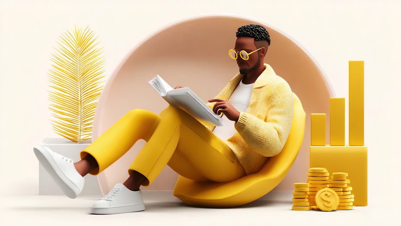 A Stylish Individual Sitting Comfortably in a Vibrant Yellow Outfit, Engrossed in a Book While Surrounded by Decorative Elements and Symbols of Prosperity
