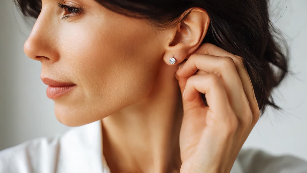 Una donna elegante che mette in mostra degli splendidi orecchini, catturando l'essenza della moda e dello stile in ritratti raffinati con gioielli scelti con cura