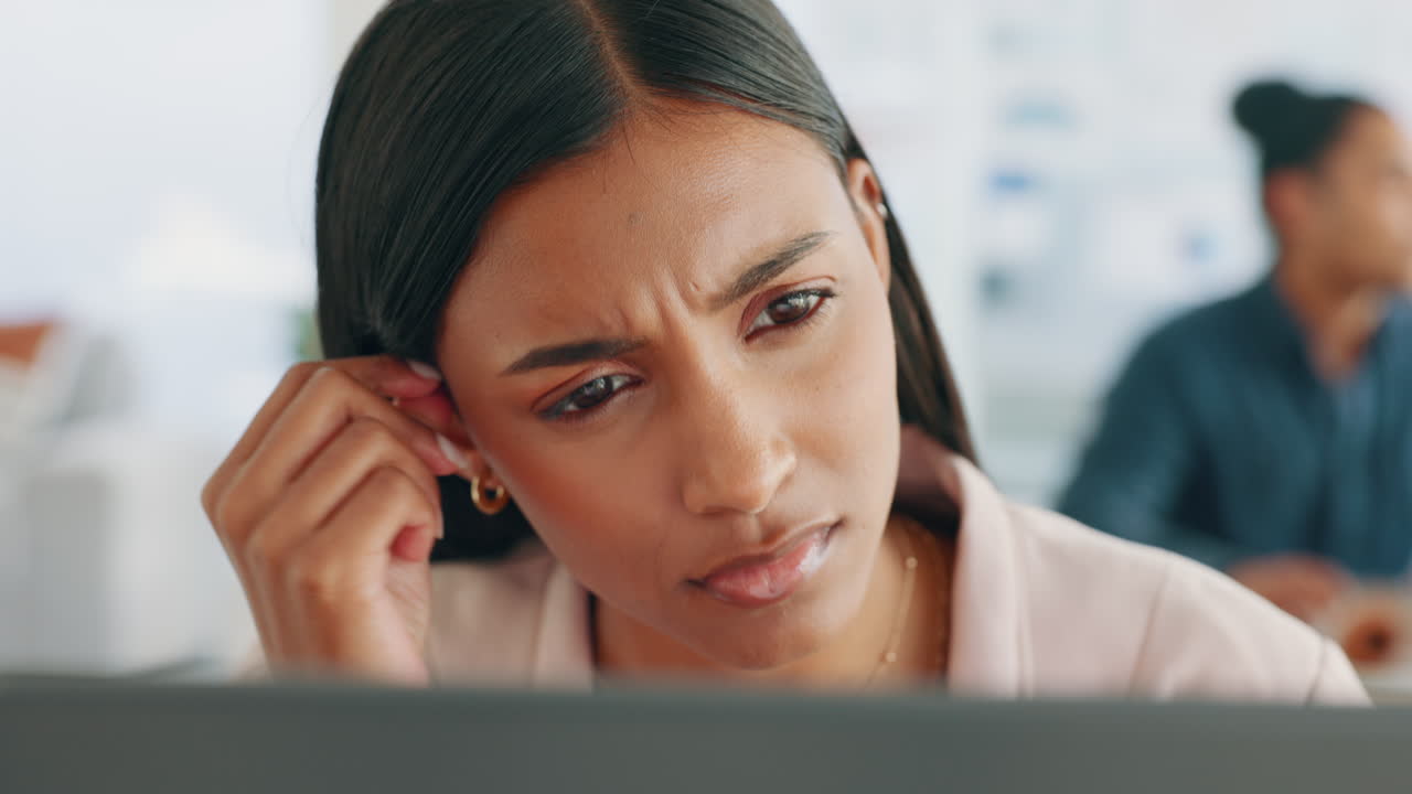 Confused, stress and business woman face