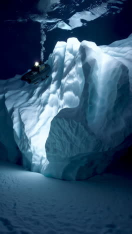 submarine exploring a deep sea iceberg at night