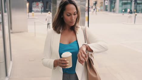 beautiful mixed race business woman walking through city