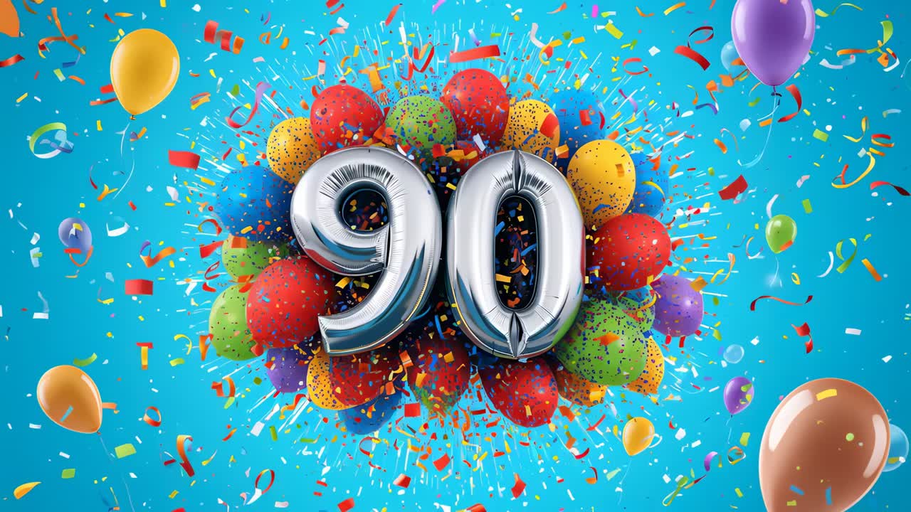 Bursting confetti pushing silver 90 over latex cluster staying central on cyan set, marking 90