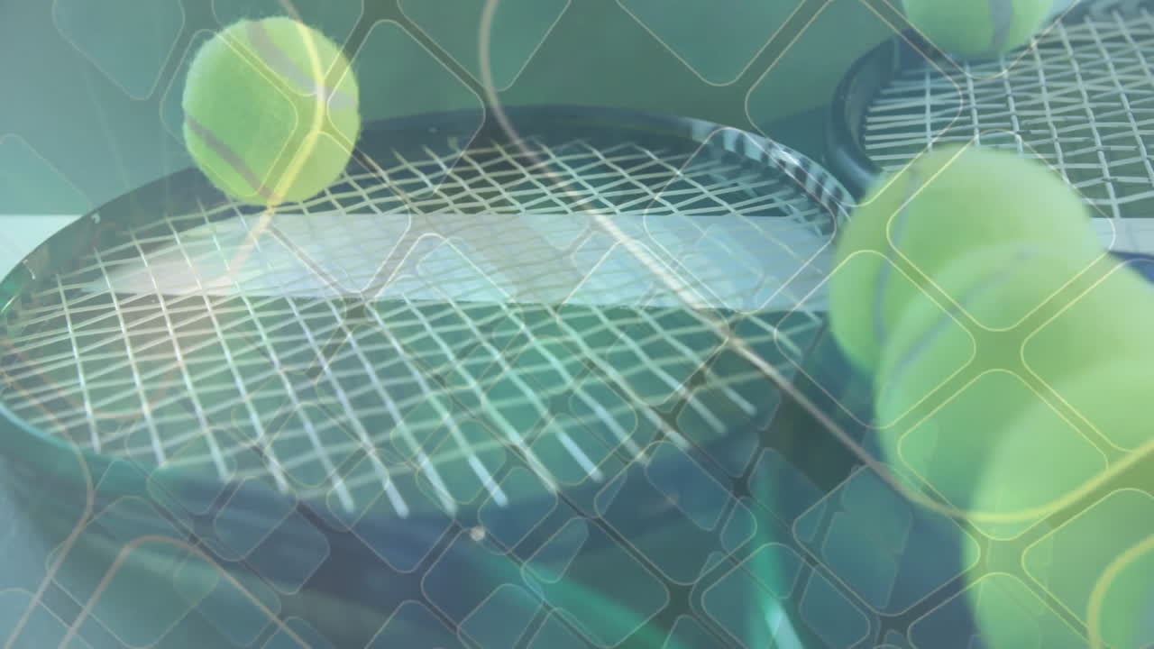 3D render tennis rackets being animated in close-up, with floating balls and diamond grid overlay