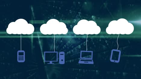 Animation-Von-Wolkensymbolen-Und-Datenverarbeitung-Auf-Dunklem-Hintergrund