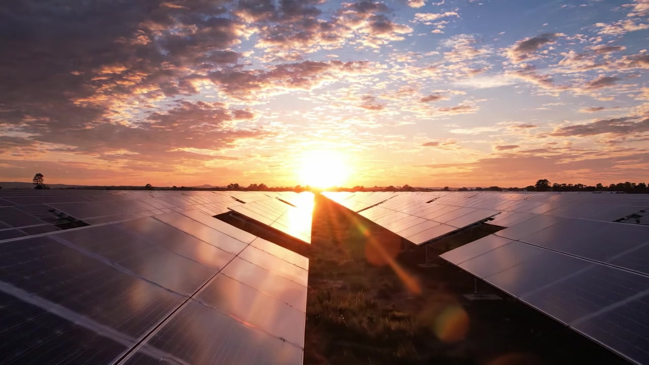 Fantastisk solnedgang over solpaneler: En betagende udsigt over vedvarende energi, der udnytter naturens kraft og skønhed i et malerisk landskab.