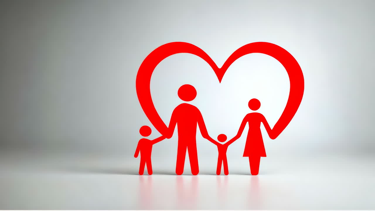 Heart and family wellness. Stylized figures represent a family unit standing together with a heartbeat line illustrating health and unity