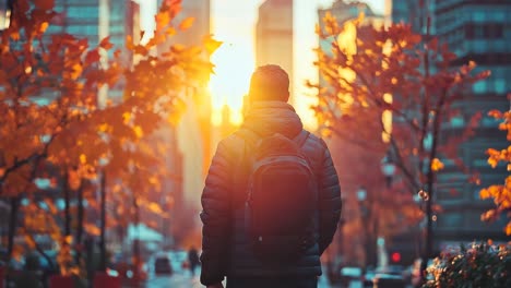 a man with a backpack walking down a city street at sunset