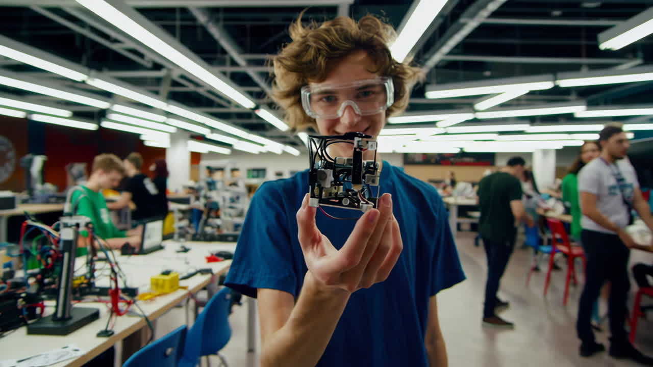 Teenager Showing Off a Robotics Project in Class