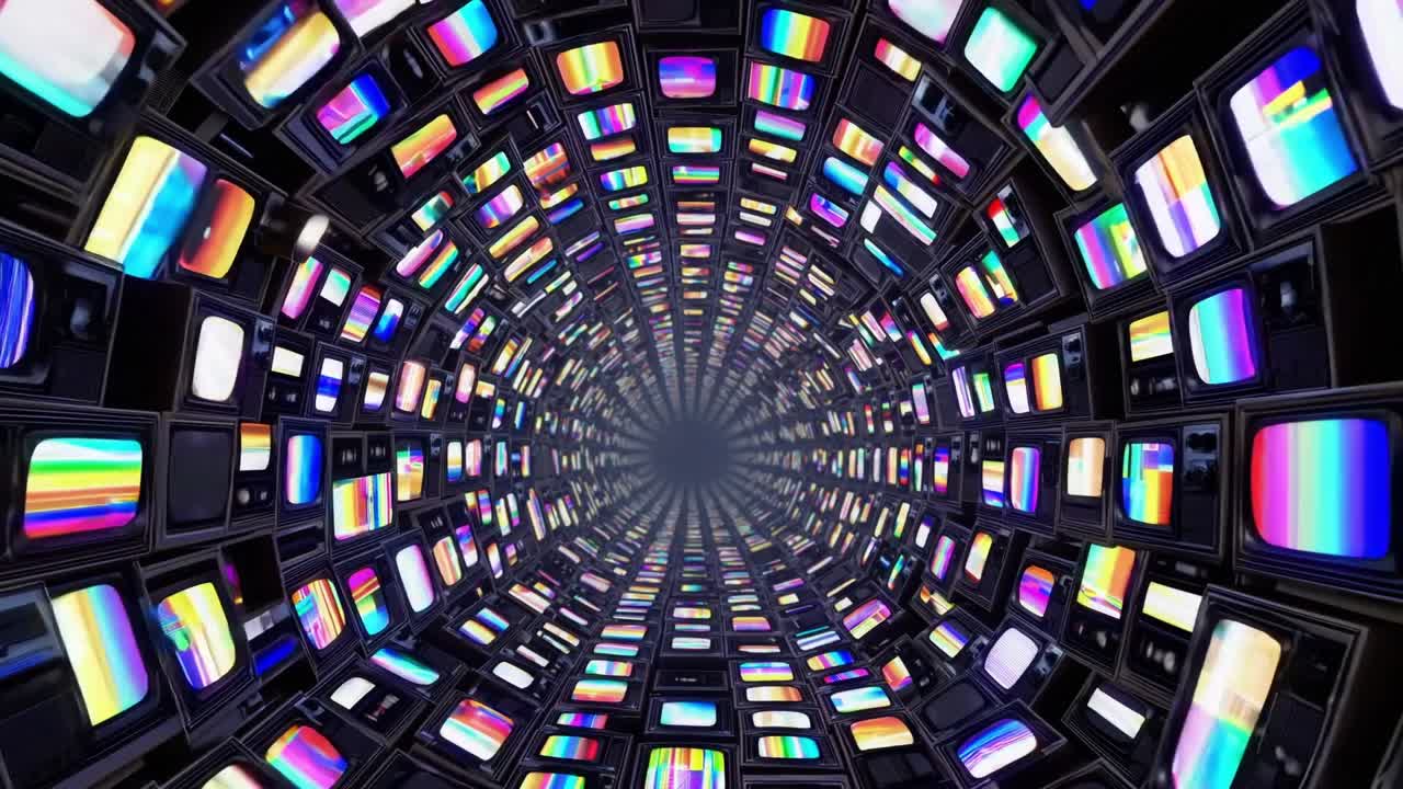 Sequenza visiva dinamica di televisori retrò colorati che spiraleggiano verso l'interno, creando un effetto tunnel ipnotico, mettendo in mostra motivi e riflessi vibranti in un flusso di movimento accattivante