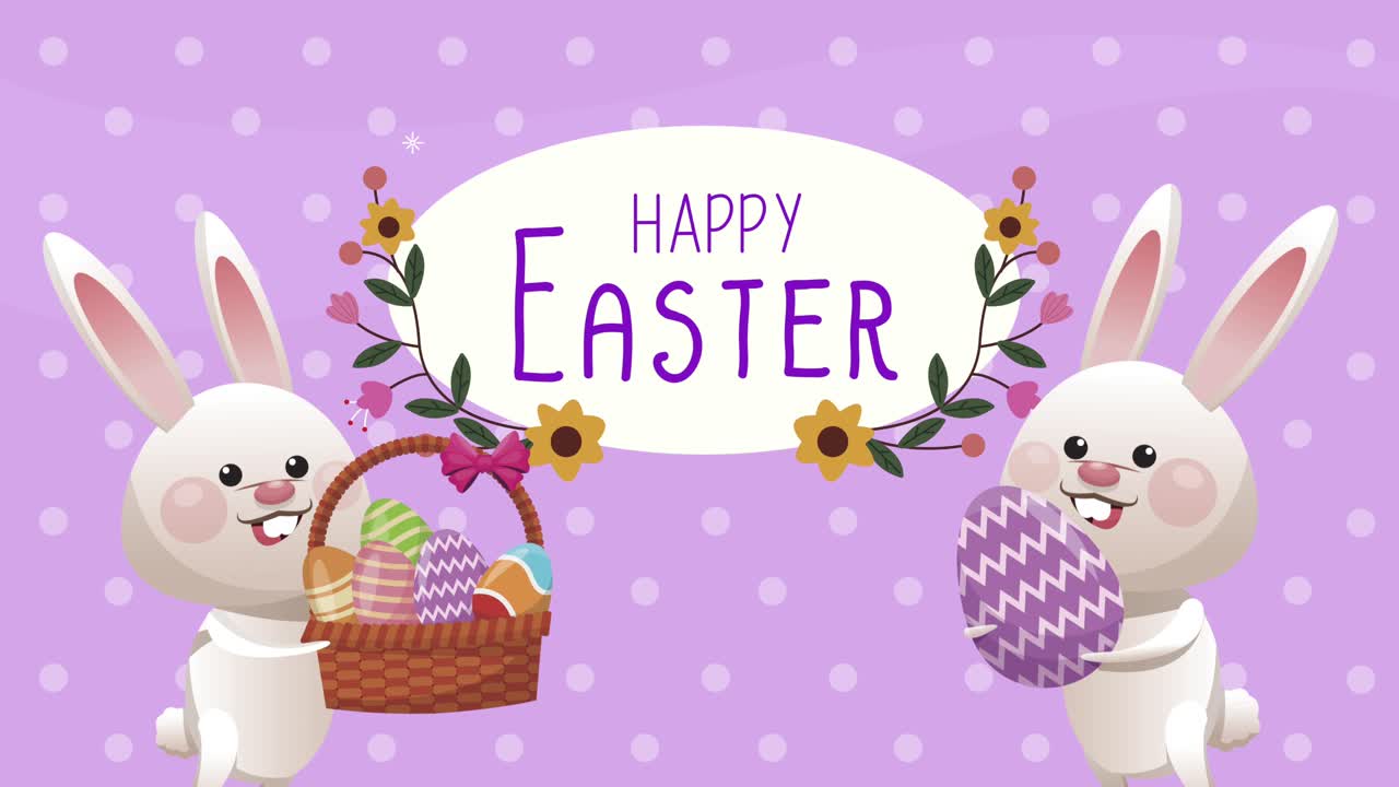 happy easter lettering with rabbits and basket
