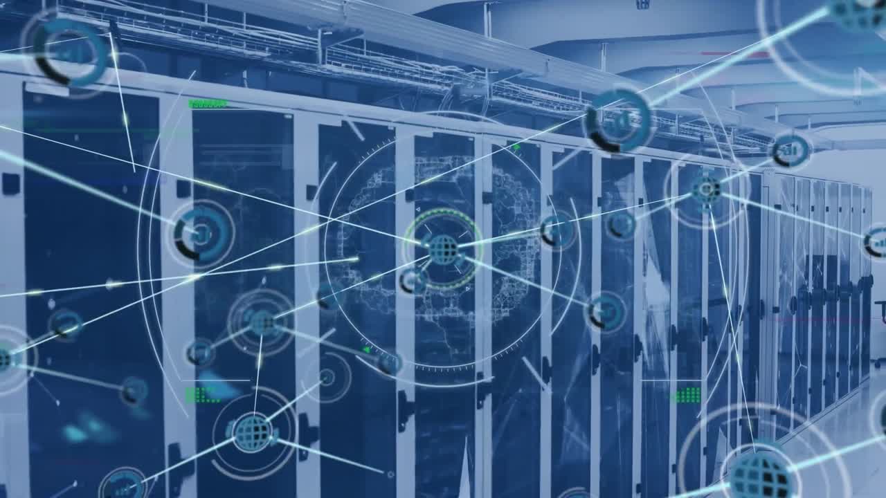 Animation of network of connections with icons over computer servers