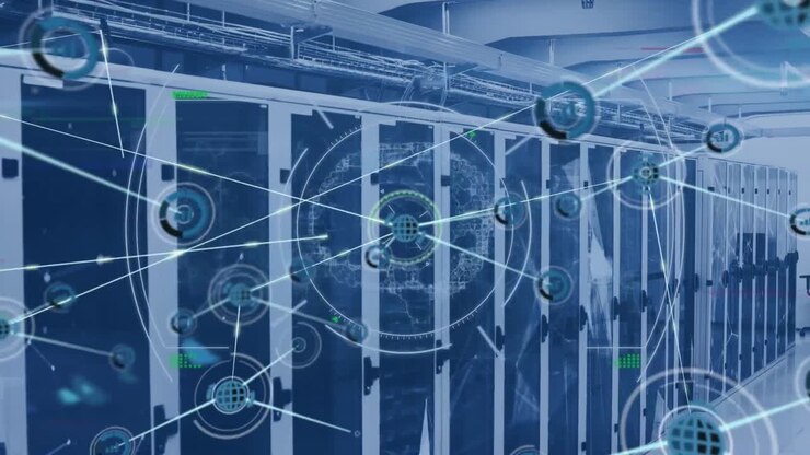 Animation of network of connections with icons over computer servers