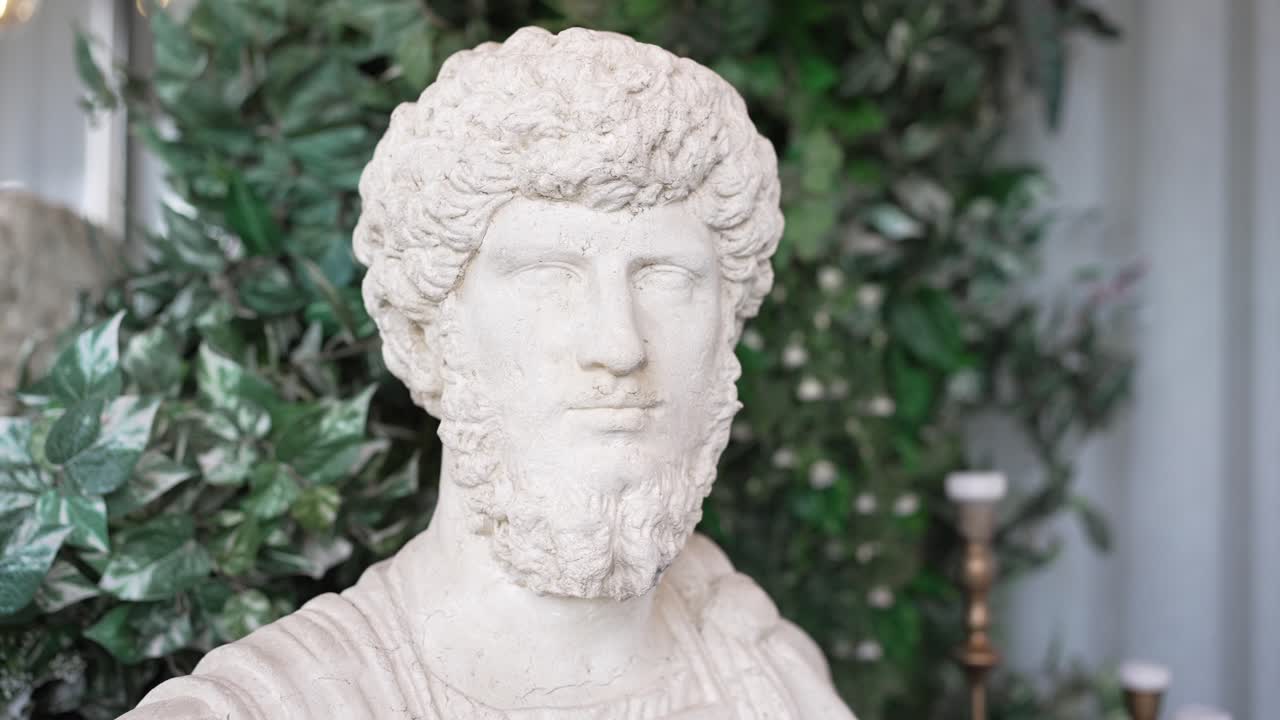 detailed marble bust of Marcus Aurelius, the Roman emperor and Stoic philosopher, in a classical setting
