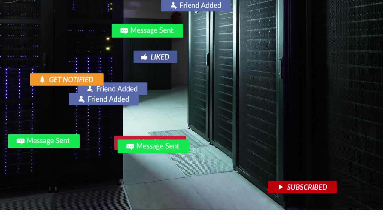 Animation of social media icons against computer server room