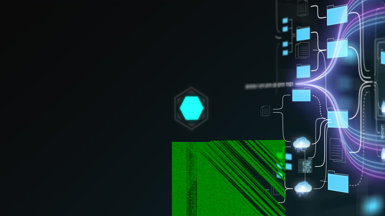 vuelo de animación técnica a través de la estructura de datos autopista de la red con numerosas conexiones, carpetas y nodos como fondo