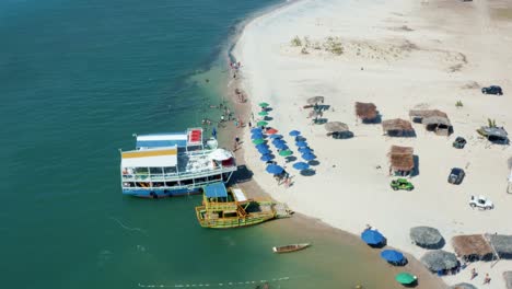 Descending-aerial-drone-shot-of-the-beautiful-Restinga-beach-with-tourists-swimming-in-the-warm-turquoise-Curimataú-river,-colorful-and-thatch-umbrellas,-and-tour-boats-in-Rio-Grande-do-Norte,-Brazil