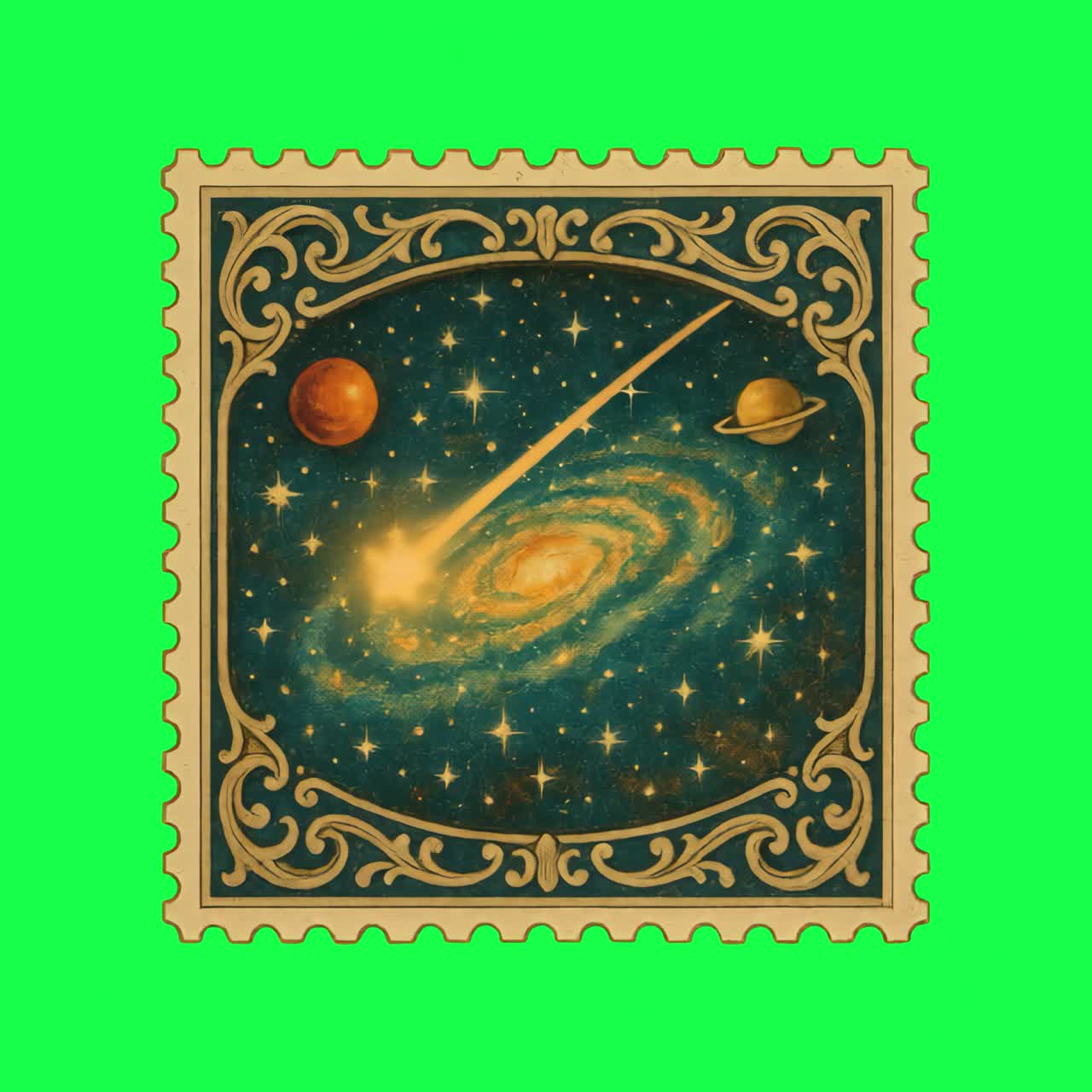 Vintage cosmic stamp illustration animation, transparent 4K video, green screen