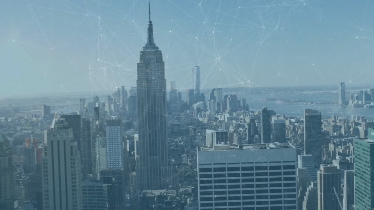 Network of connections and data processing animation over cityscape with skyscrapers