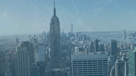 network of connections and data processing animation over cityscape with skyscrapers