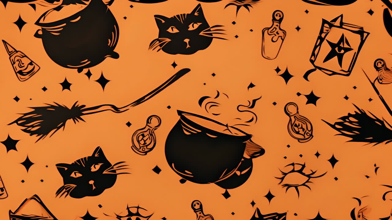 Halloween Pattern with Black Cats and Cauldrons