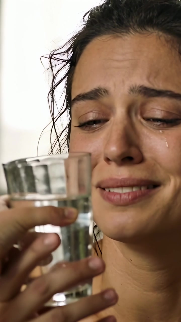 Vídeo vertical: Oferecendo a mão, mulher com rastros de lágrimas e blusa escura pegando um copo em casa para ajudar