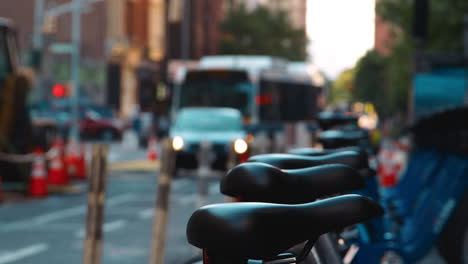 close up of rack of bicycles for hire in new york