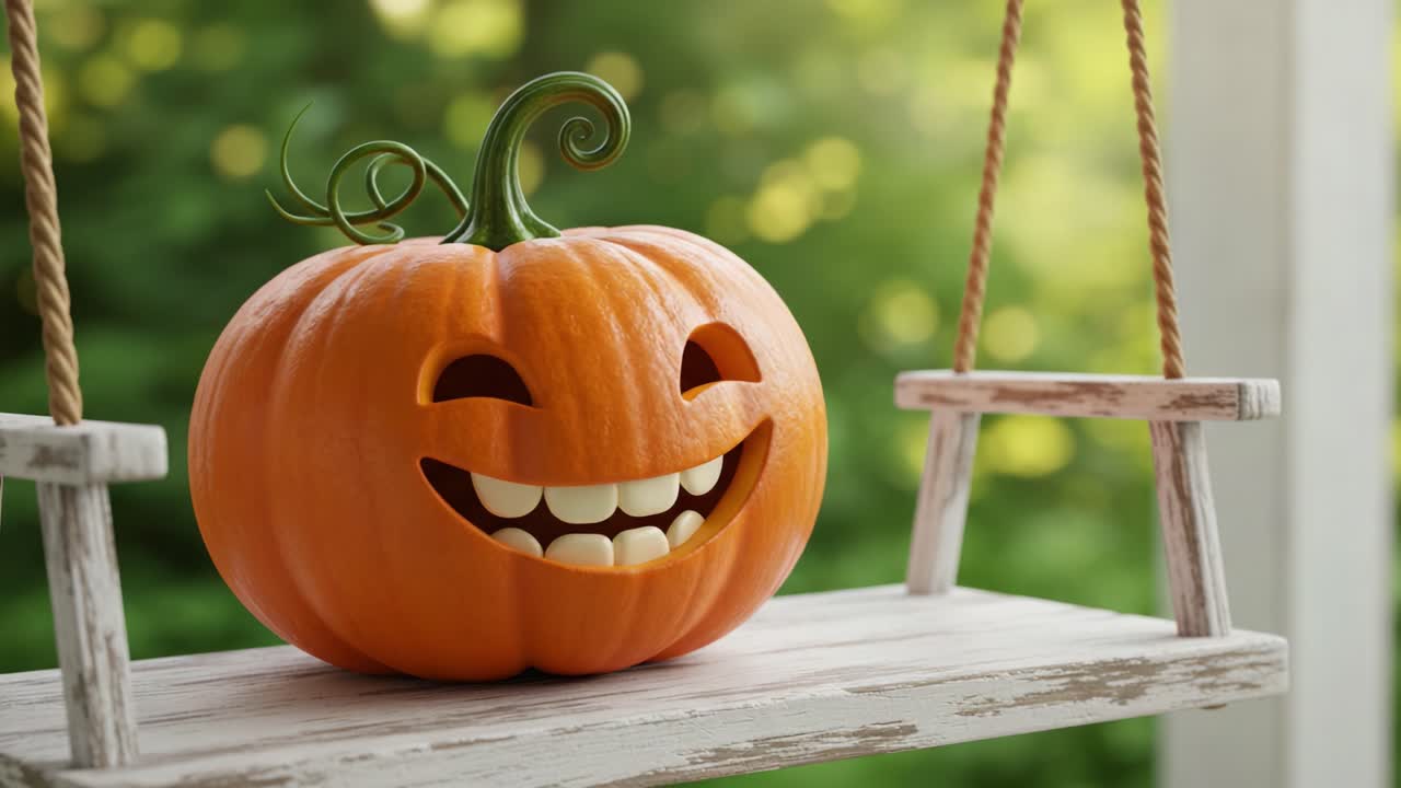 Cheerful Pumpkin on a Swing: A Whimsical Representation of Halloween Spirit with Playful Expression and Nature's Background