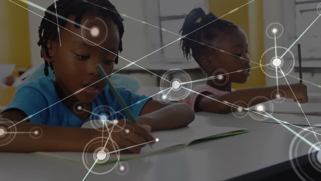 Animation of network of connections over happy diverse schoolchildren