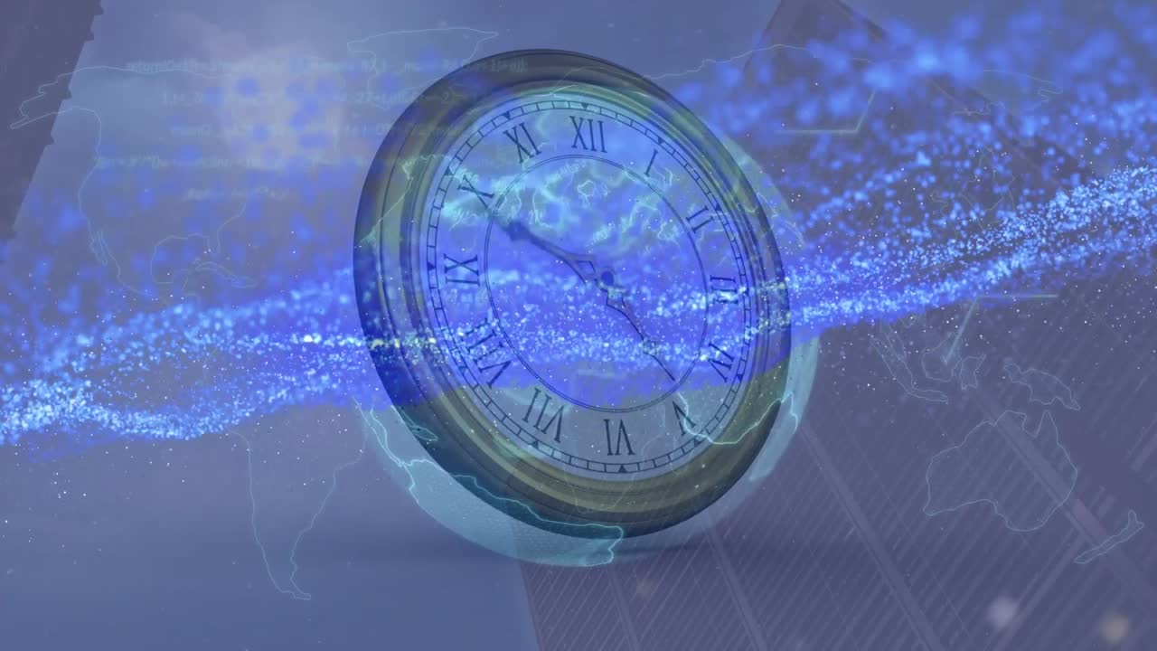 анимация движущихся часов, карта мира и блеск