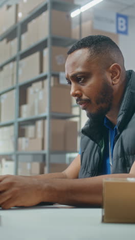 warehouse worker using laptop and checking package