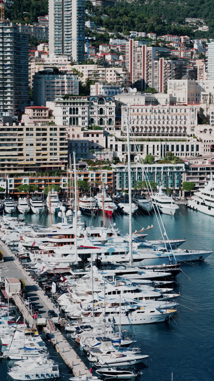 Vista aerea delle barche ormeggiate nel porto turistico di Monaco, con lo skyline della città sullo sfondo