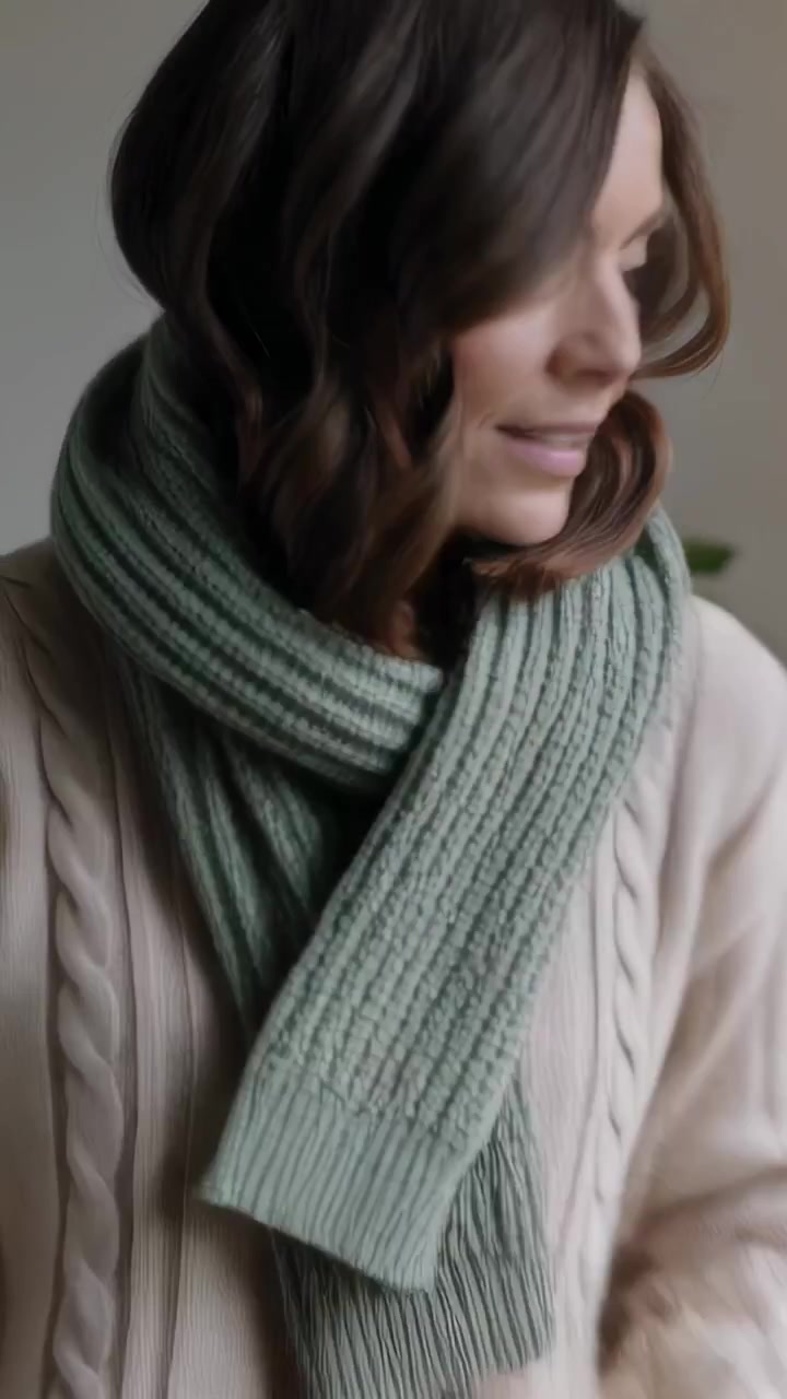 Vídeo vertical: Levantando os braços, mulher enrolando cachecol no pescoço em casa sobre suéter de tricô para compor o visual.