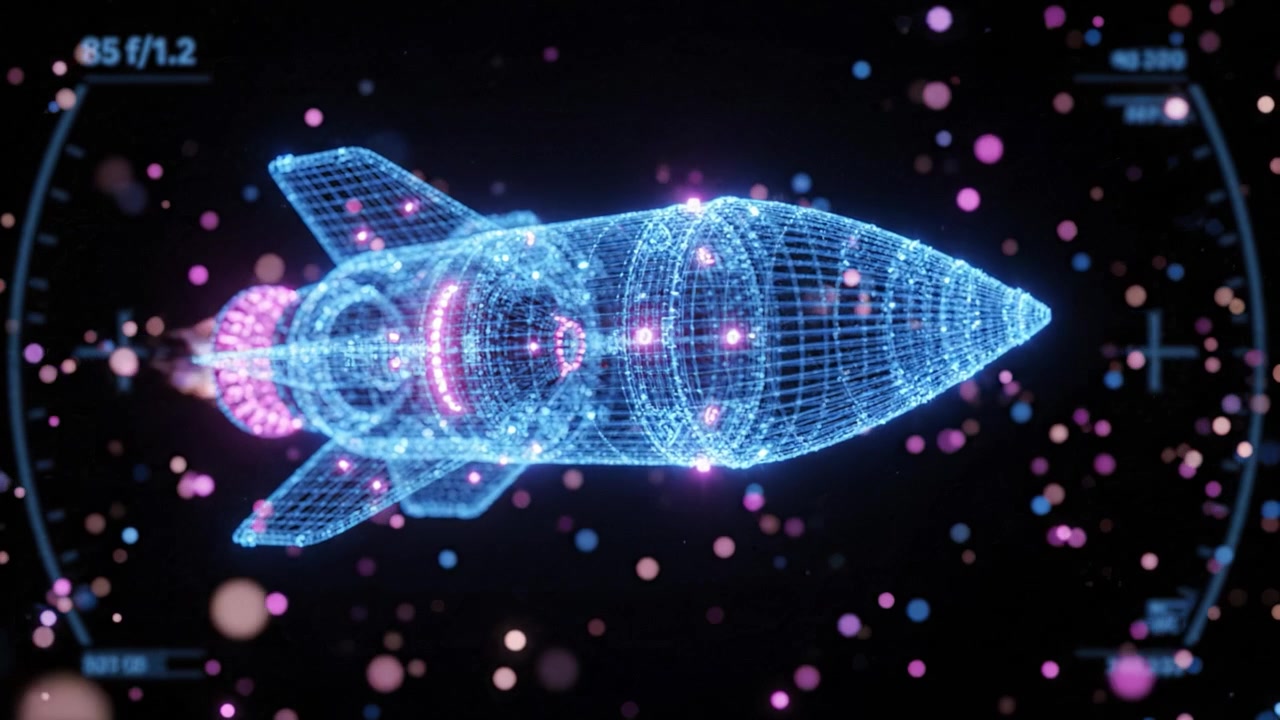 A vibrant display of a futuristic rocket in stunning detail, showcasing glowing particles and advanced technology within a digital space environment.