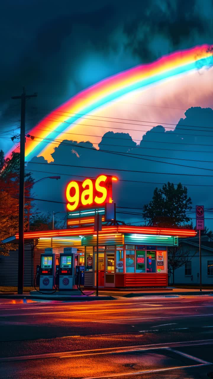 Imagem vibrante no estilo de vídeo de um posto de gasolina ao entardecer com um arco-íris no céu