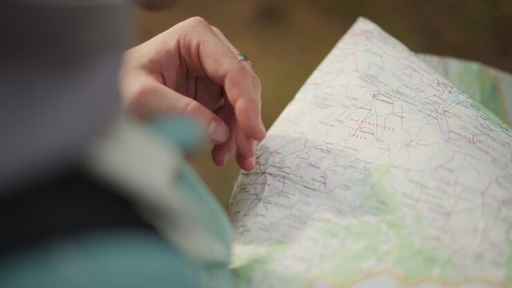 Gros plan sur des mains traçant un itinéraire sur une carte, un doigt suivant des épingles et des contours, une bague en argent et une bretelle de sac à dos visibles, un arrière-plan bokeh de forêt douce, une planification précise et une vérification de l’itinéraire, une expédition tranquille.