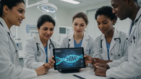 group of healthcare professionals analyzing dna structure on tablet, discussing genetic research and collaboration in modern medical science