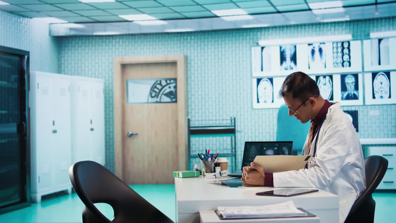Doctor reviewing patient records in medical office