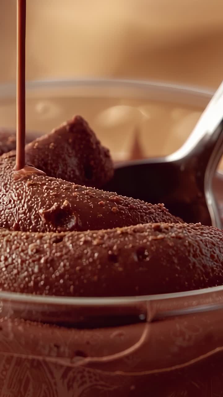 Vertical video: Pouring chocolate sauce coating mousse in glass cup on countertop, with metal spoon