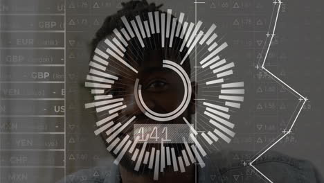 overlaying animation of currency exchange rates on person's face in school setting