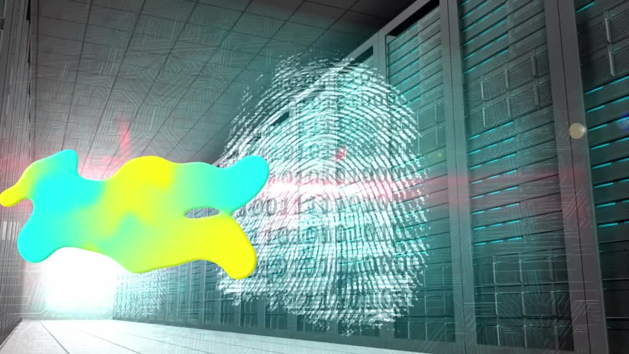 animación de manchas coloridas y huellas dactilares sobre la sala del servidor