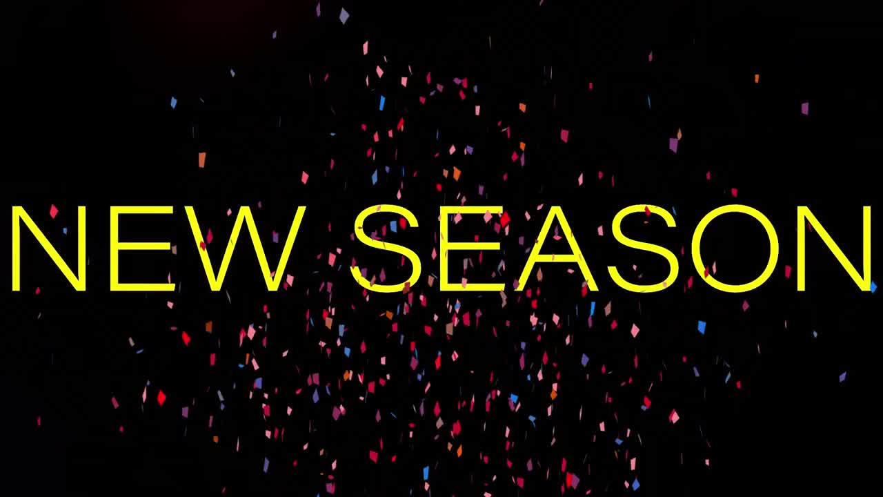 animación del texto de la nueva temporada y confeti que cae con llamaradas de lente sobre fondo negro