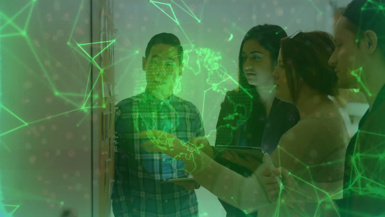 Marketing team collaborating at whiteboard with sticky notes, showing green digital network overlay