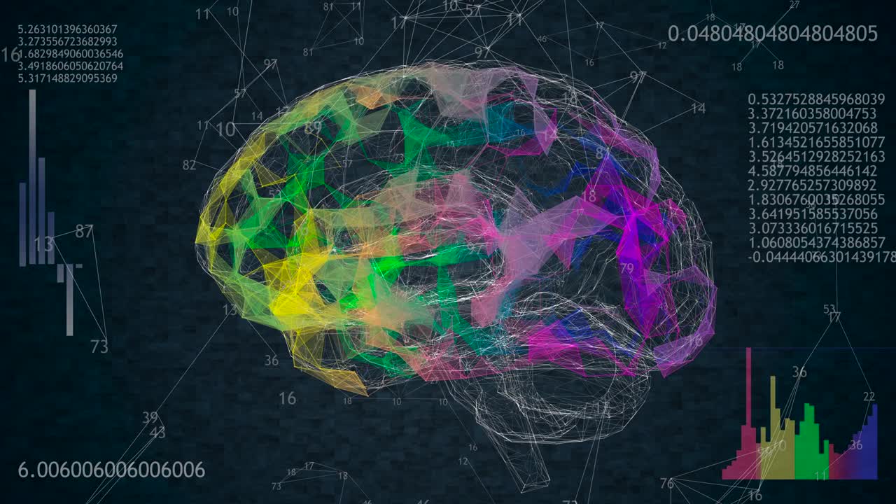 파란색 배경에 있는 360도 낮은 다각형 뇌 3d 모델, 애니메이션 숫자 및 다이어그램