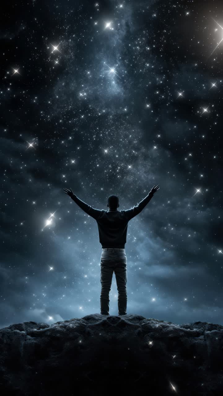 A person stands on a rocky surface gazing at a star-filled sky. Shot from behind at a low angle