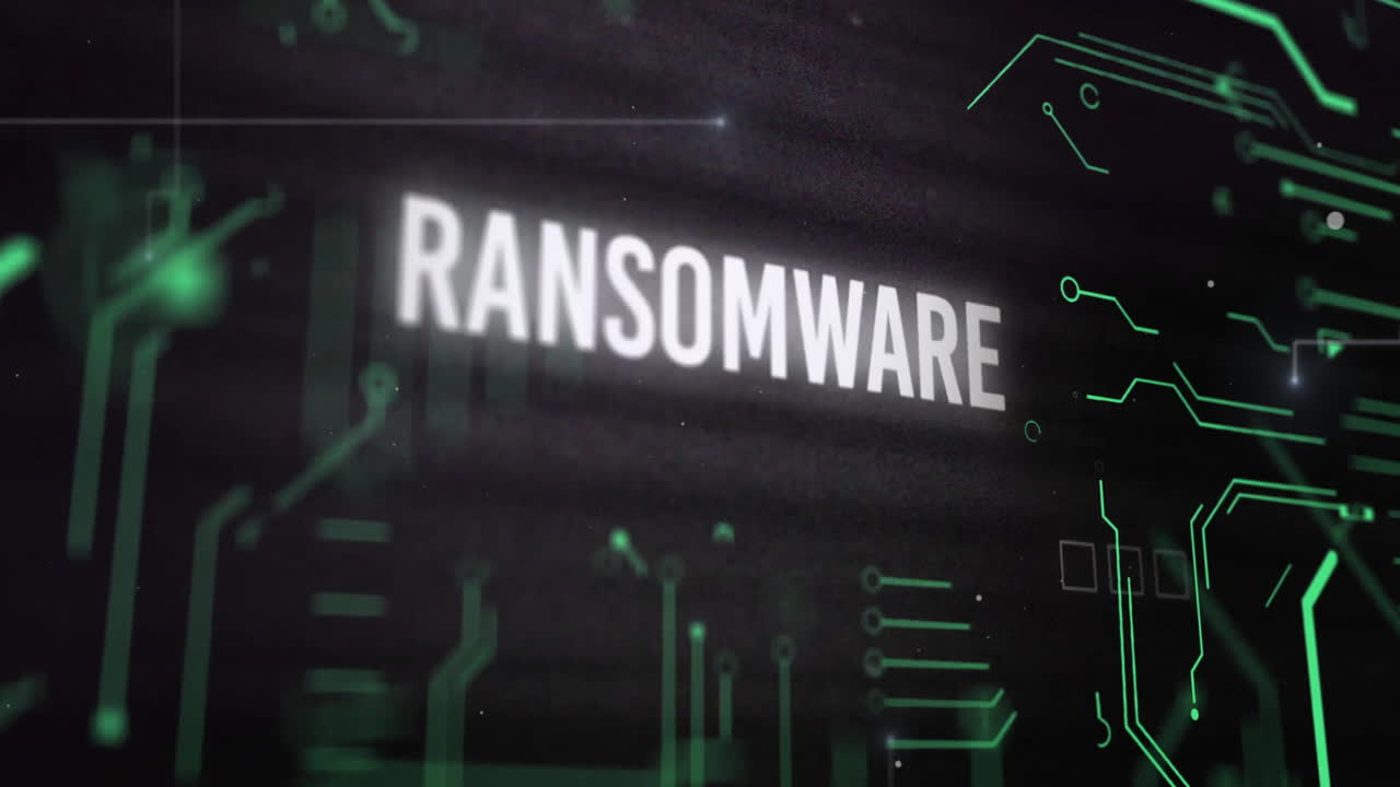 Animation of data processing with ransomware text and computer circuit board on black background