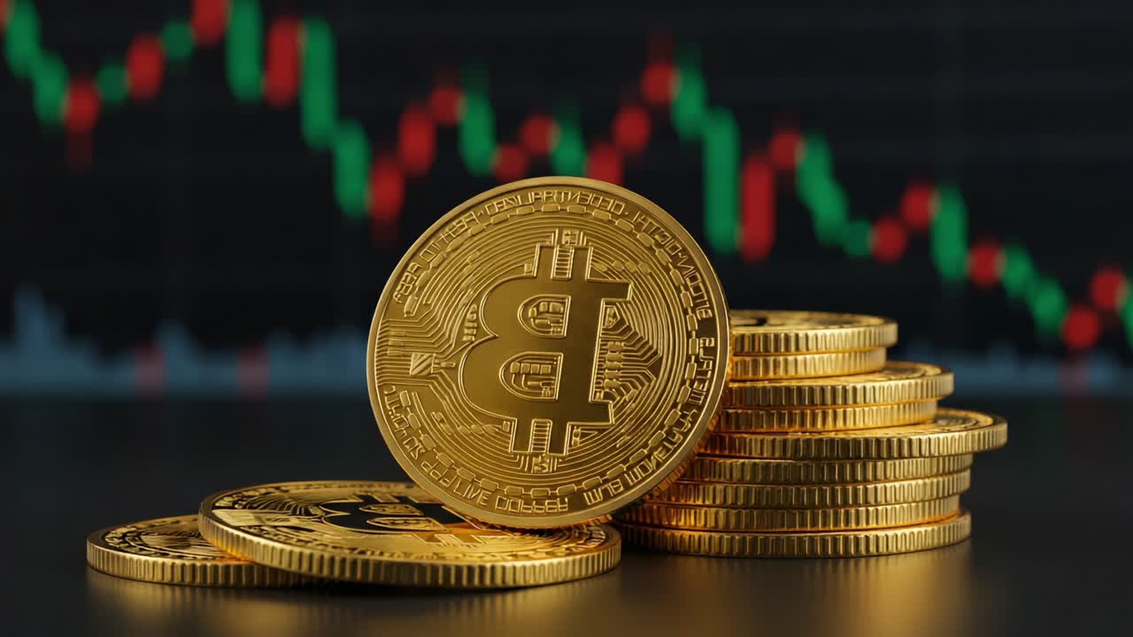A Close-Up View of Bitcoin Coins Displayed Against a Fluctuating Market Graph, Representing the Dynamic Nature of Cryptocurrency Investments and Trading Insights